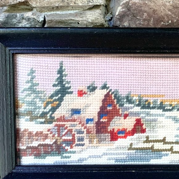 VTG Needlepoint Grist Mill Snow Water Wheel Winter Landscape Stitchery Barn - Picture 1 of 8